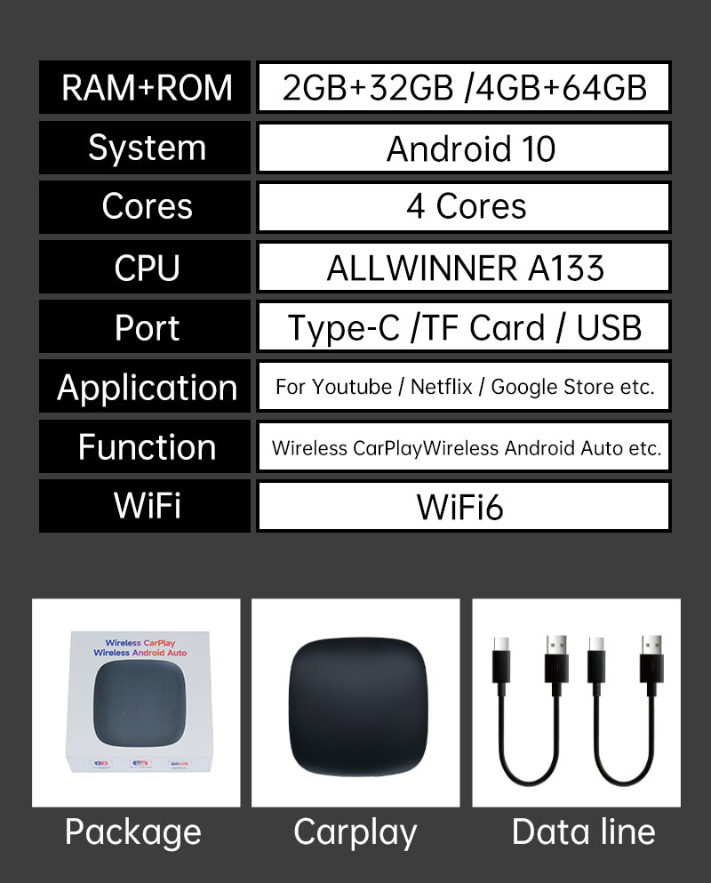 Wireless Apple CarPlay & Android Auto AI Box 2GB RAM +32GB (Netflix, YouTube Video & Disney+)